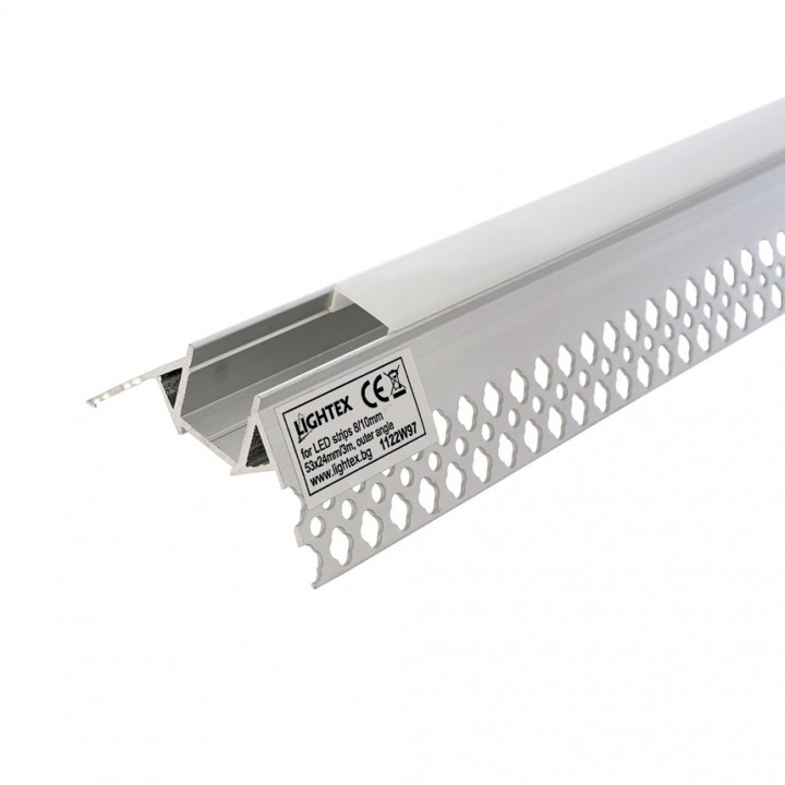 Алуминиев профил за LED лента Lightex, 53mm * 24mm, С матиран разсейвател, Капачки и държачи, 3 метра