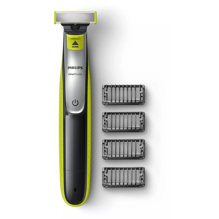 Хибридна самобръсначка и тример за брада Philips OneBlade QP2530/20, 4 гребена, 1 допълнително ножче, Акумулатори, мокро и сухо, Черен/Зелен