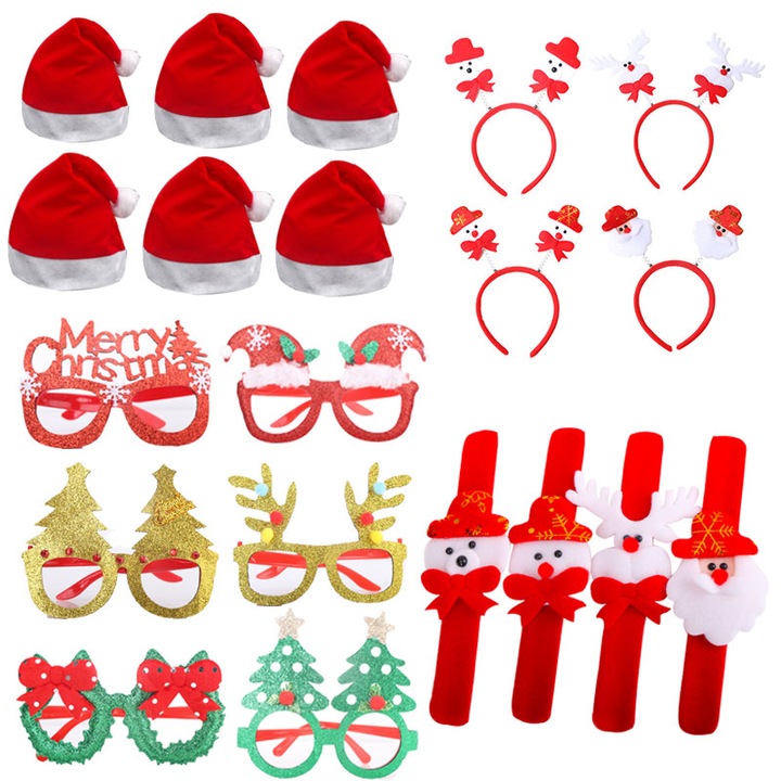 Set20 Accesorii Craciun, 4 Caciula de Mos Craciun，4 bratara，4 Ochelari si 4 Bentite, NEVERMORE Multicolor