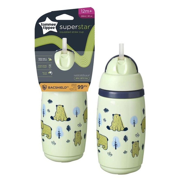 Изотермална чаша със сламка, Tommee Tippee 266 мл, мента с мечки