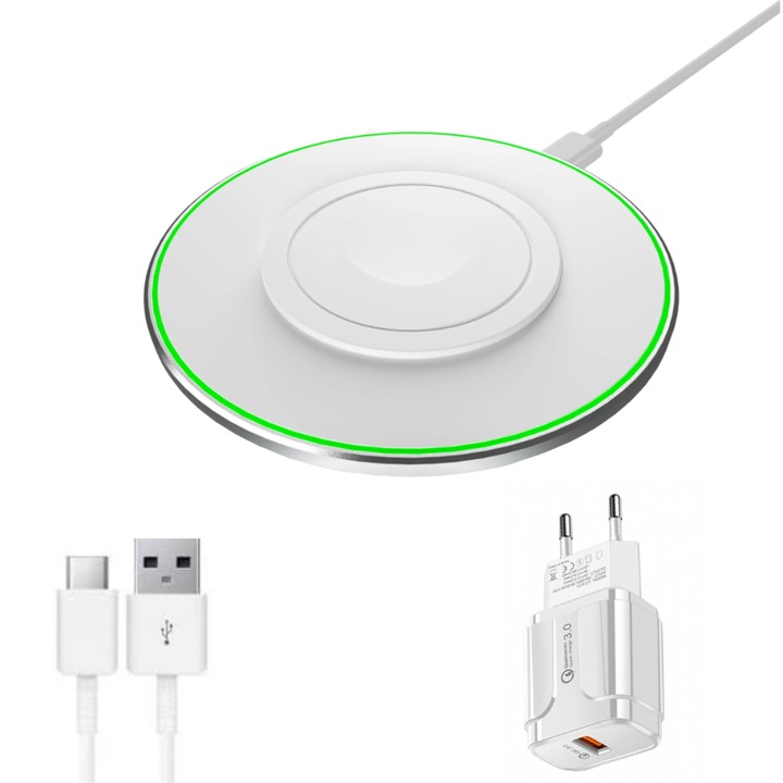 Kit 3 in 1 wireless charger slim pad 15w fast charger, incarcator 18w 3.0 pentru iPhone 14 13 12 11 Pro Max Apple Watch Airpods, alb
