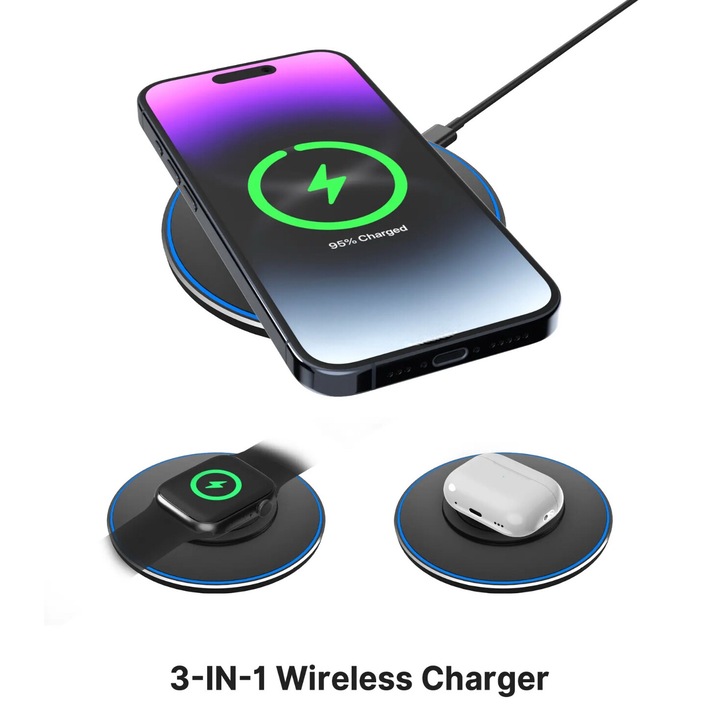 Kit 3 in 1 wireless charger slim pad 15w fast charger, incarcator 18w 3.0 pentru iPhone 14 13 12 11 Pro Max Apple Watch Airpods, negru