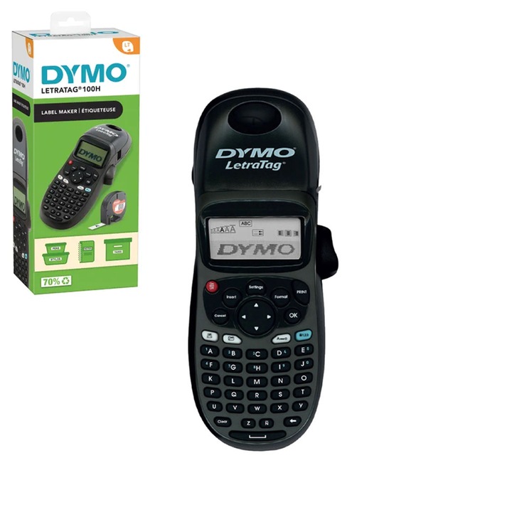 Преносим термопринтер DYMO LetraTag LT-100H ABC клавиатура, включва 1 ролка бели хартиени етикети LetraTag 2174575
