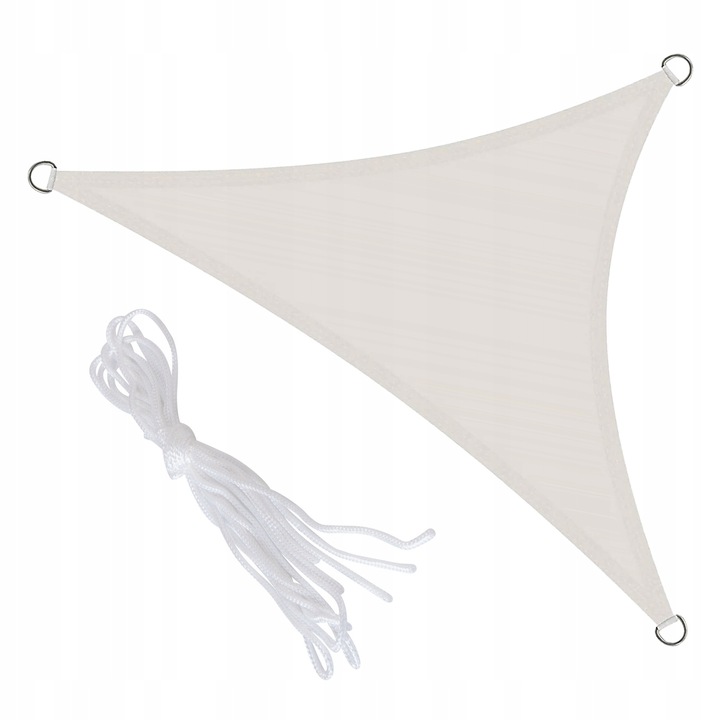 ​Parasolar triunghiular universal 3x3x3 m, bej, material Oxford 300D impermeabil, protectie UV, inele metalice de fixare, ideal pentru terasa, gradina, balcon sau camping, usor de montat si demontat, rezistent la intemperii