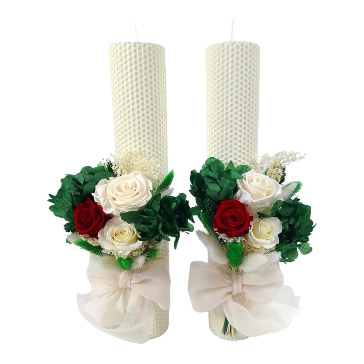 Комплект от 2 сватбени свещи от естествен восък, декорирани с криогенни рози, хортензия и криогенни/сухи естествени цветя В35 см, зелени