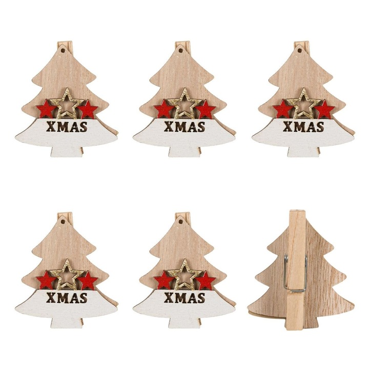 Clestisori Craciun Decorativi Lemn Brad Stele Rosii 5cm Set 5 Buc