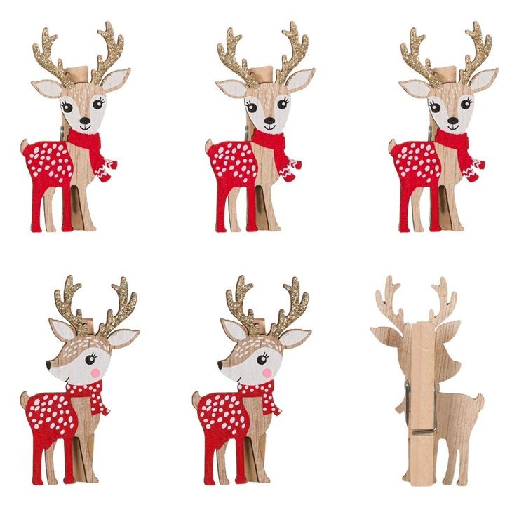 Clestisori Craciun Decorativi Lemn Reni Glitter Bej 6cm Set 6 Buc