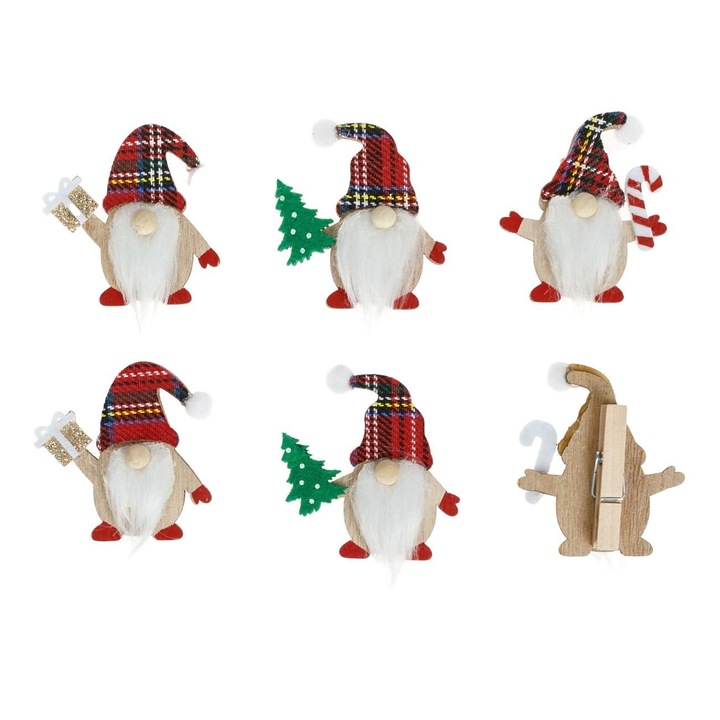 Clestisori Craciun Decorativi Lemn Gnome Caciula Rosie Carouri 6cm 6 Buc