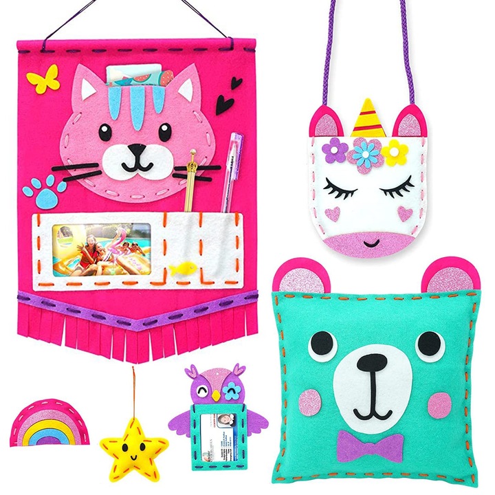 Set de arta si mestesuguri, Hggzeg, Kit creativ de cusut pentru copiilor, Cu 6 proiecte creative, Include accesorii, Pentru copii de peste 5 ani, Coordonarea mana-ochi, Creativitatea, Fetru/plastic, Multicolor