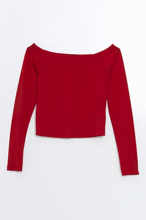 LC WAIKIKI, Bluza crop cu decolteu barcuta, Rosu inchis, XL