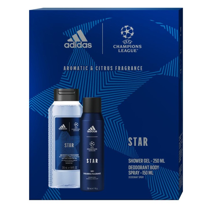 Adidas UEFA Star ajándékszett: Dezodor, 150 ml + Tusfürdő, 250 ml