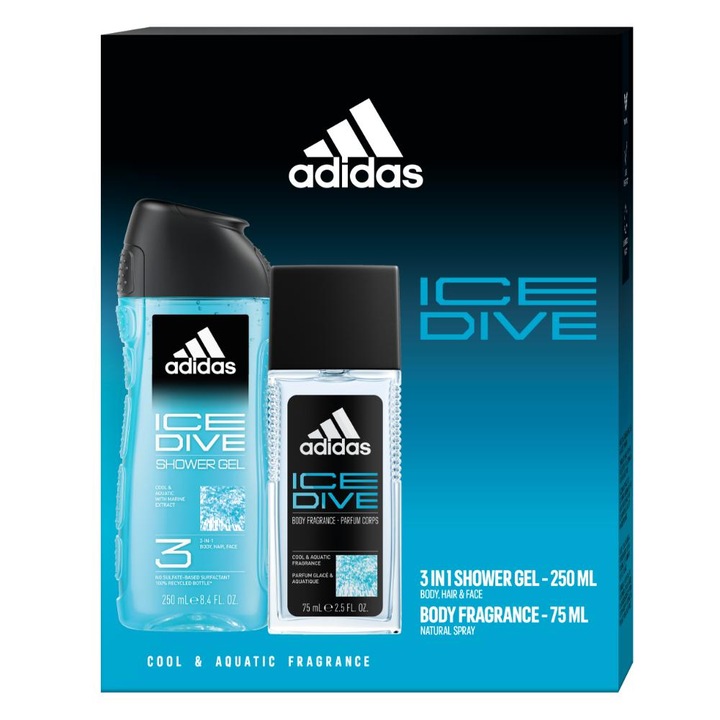Set Cadou Adidas Ice Dive: Deodorant Natural Spray, 75 ml + Gel de dus, 250 ml