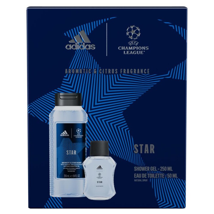 Set Cadou Adidas Uefa Star: Apa de toaleta, 50 ml + Gel de dus, 250 ml