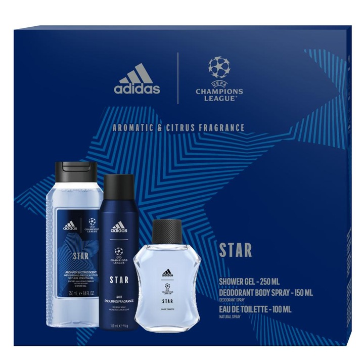 Set Cadou Adidas Uefa Star: Apa de toaleta, 100 ml + Deodorant, 150 ml + Gel de dus, 250 ml