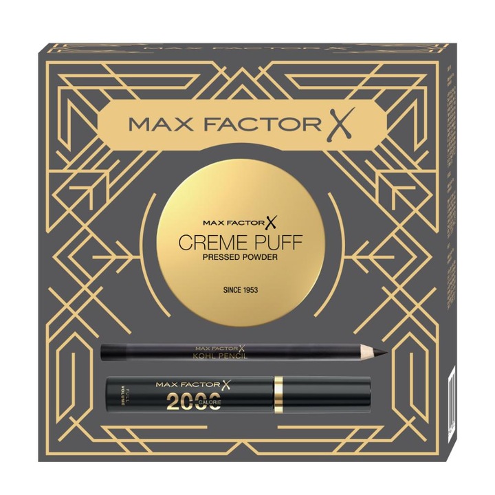 Set Cadou Max Factor: Mascara 2000 Calorie Dramatic Volume Black, 9 ml + Creion de ochi Masterpiece Kohl Pencil 20 Black, 4 g + Pudra Compacta Creme Puff 05 Translucent, 14 g