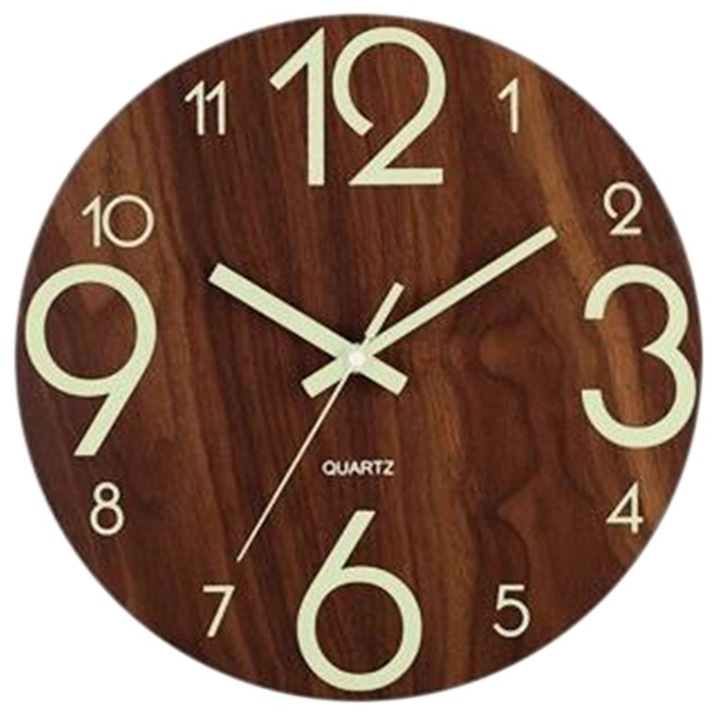 Jormftte kerek dekoratív óra, fa panel, világító számok, 12 hüvelyk, mutatóval