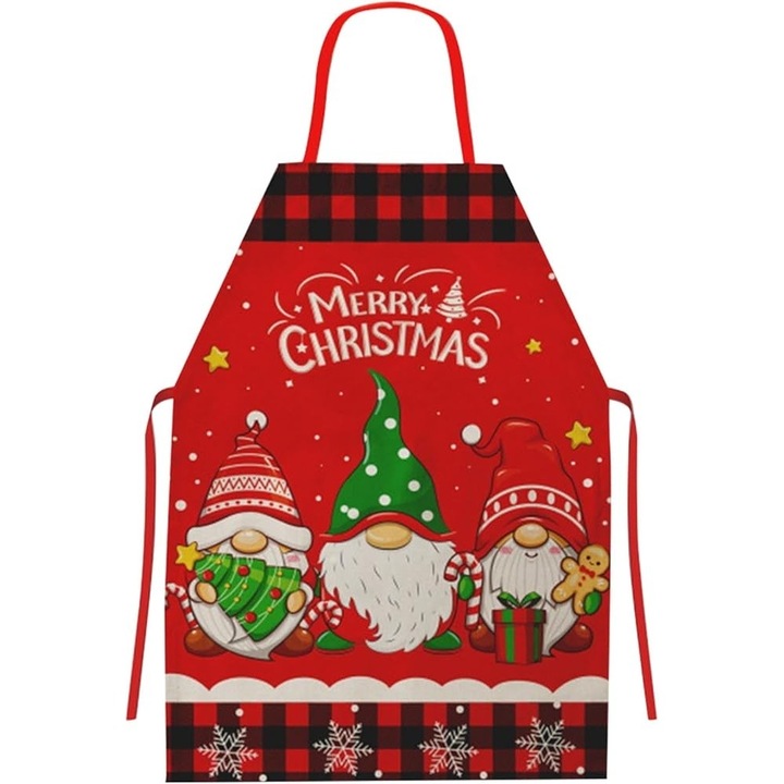 Sort de bucatarie decorativ, tema craciun, dimensiuni 50 x 70 cm, model 3 elfi, din poliester, rosu