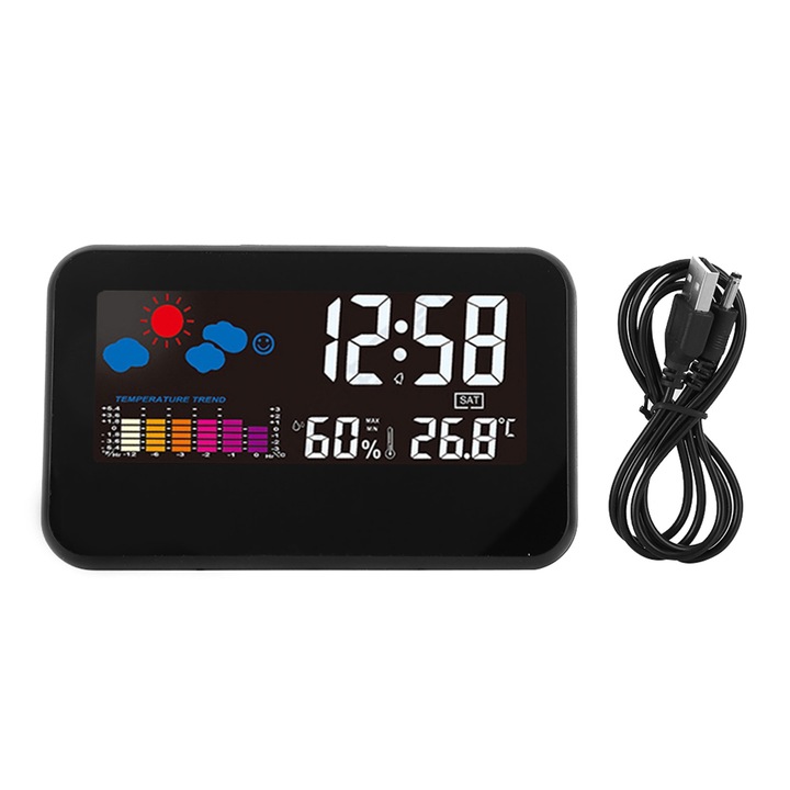 Színes LCD kijelző, hőmérséklet, páratartalom, ébresztőóra időjárás-előrejelzéssel, hangvezérlés, háttérvilágítás