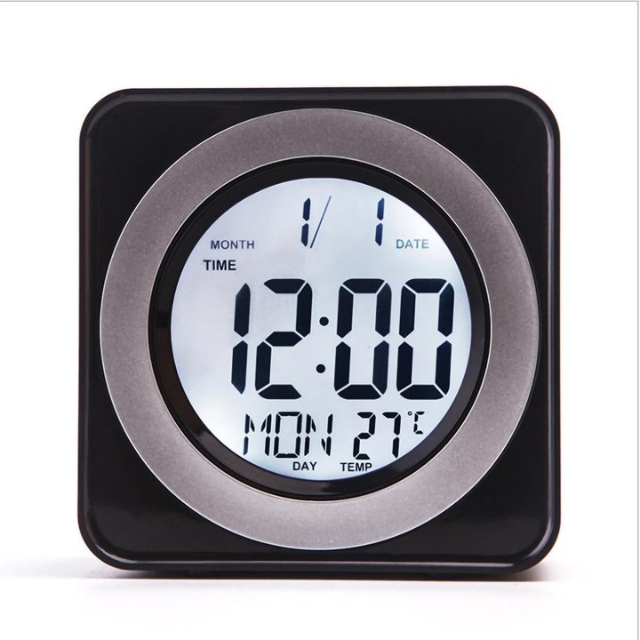 Jormftte elektronikus óra LCD kijelzővel, ébresztővel, hőmérővel, páratartalommal, fekete