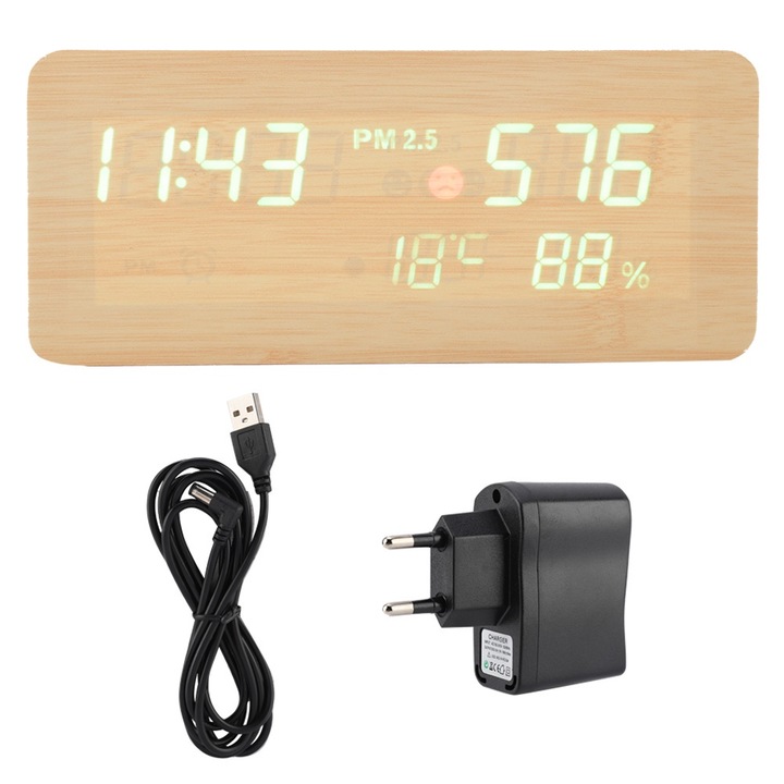 Jormftte fa LED asztali lámpa ébresztőórával, hőmérővel, páratartalommal, bambusz zöld