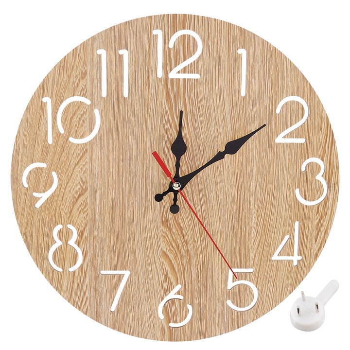 Jormftte fali dekor óra, európai stílusú, nagyméretű arab számokkal, fából, bézs, 30x30cm