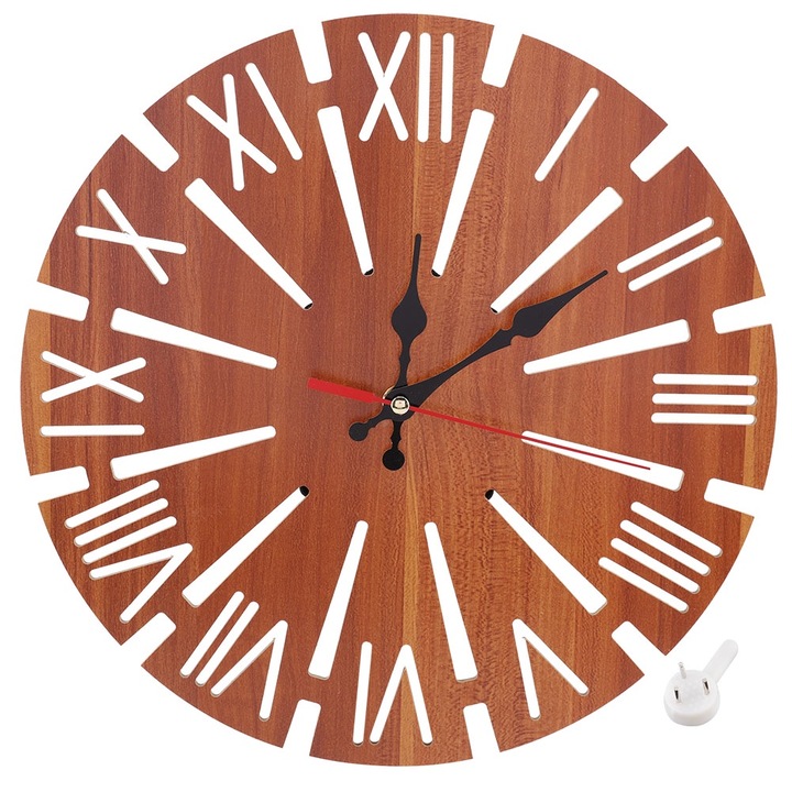 Jormftte fali dekorációs óra, európai stílusú, nagy római számokkal, fából, barna színű, 30x30cm