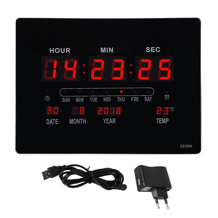 Jormftte díszóra, LED kijelzővel, öröknaptárral, hőmérséklet és páratartalom jelzővel, fehér, 110-220V