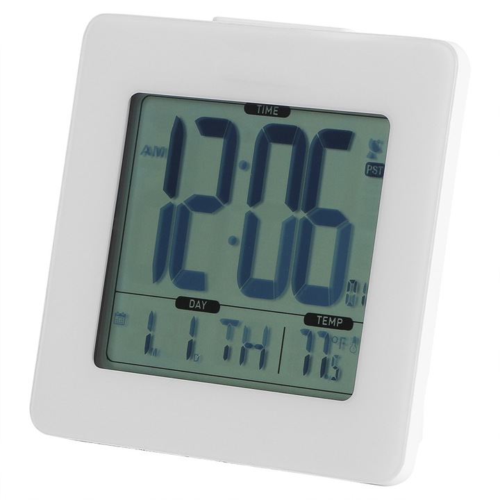 Jormftte digitális asztali óra ébresztővel, naptárral, hőmérséklettel, kék háttérvilágítással, fehér