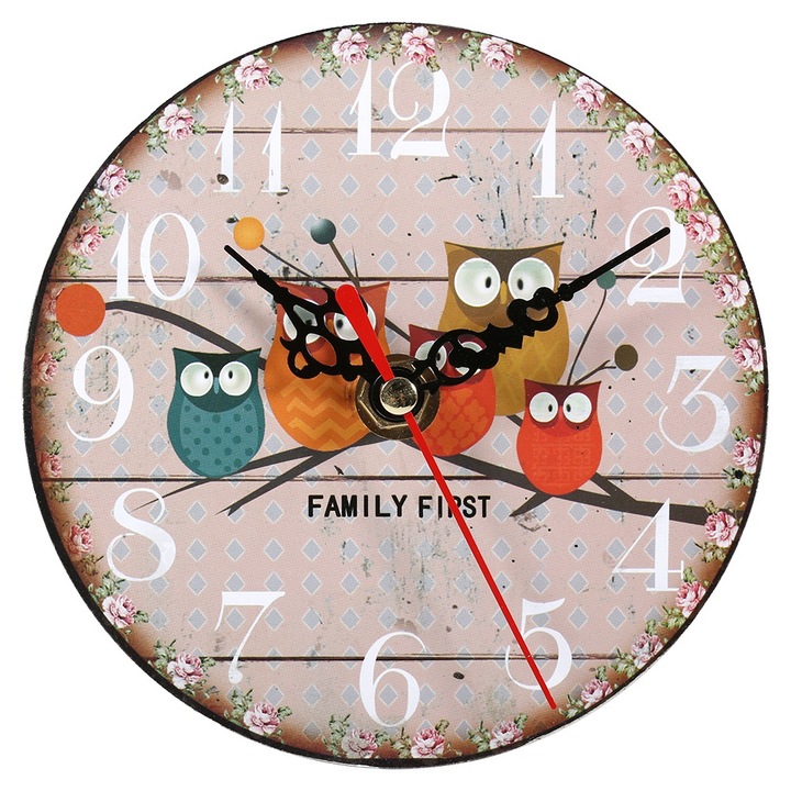 Jormftte kerek fa falióra, vintage bagoly mintás design, fekete és piros, falra vagy asztalra