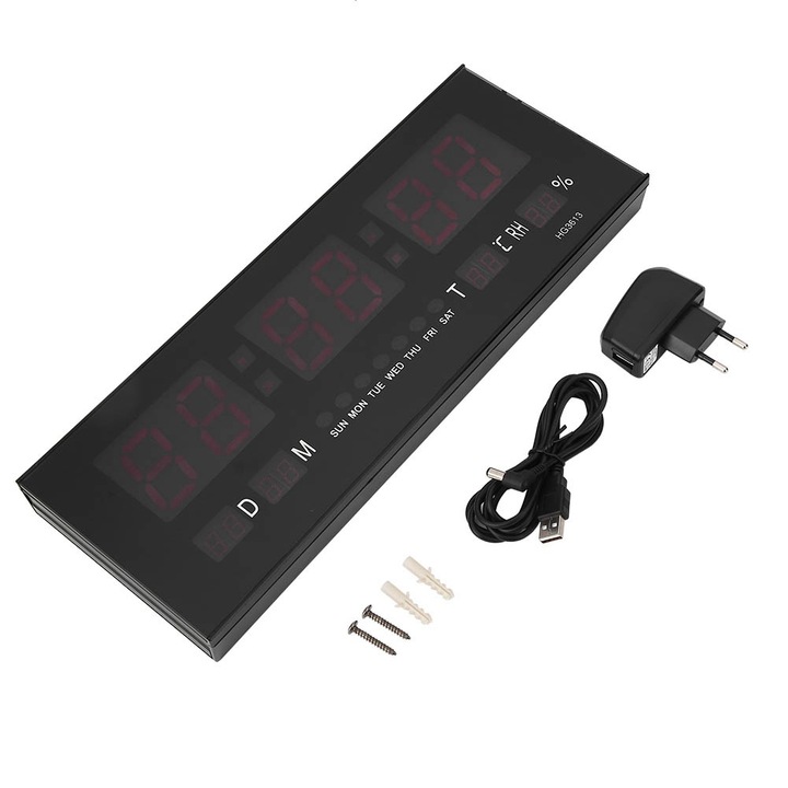 Jormftte dekoratív óra, LED digitális falióra, nagy kijelző, 12/24 órás mód, hőmérséklet és páratartalom, 220V