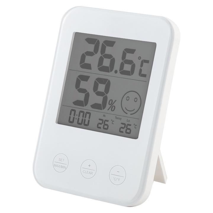 Jormftte dekoratív óra LCD kijelzővel, hőmérővel és páratartalom-mérővel, 12/24 órás, 20%~95% páratartalom, 10x15cm