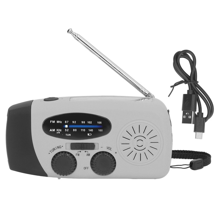 Multifunkciós rádió hajtókarral és napelemes töltéssel, Jormftte, LED-del, erős hangszóróval, tiszta vétellel, ezüstszürke