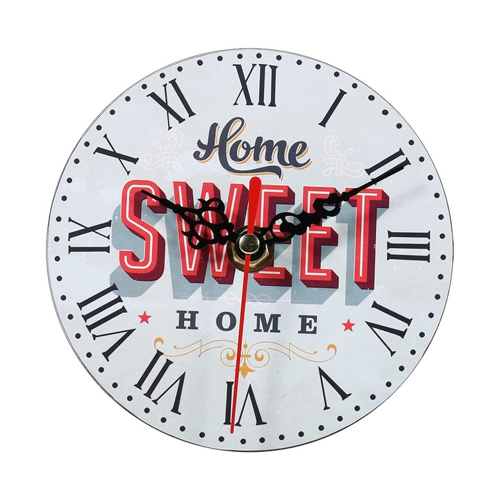 Jormftte vintage fa falióra, kerek forma, fekete mutatókkal és piros másodpercmutatóval, 30x30cm