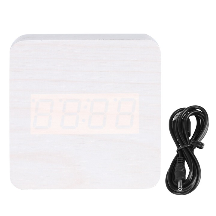 Jormftte fa dekoratív óra LED-del, hangvezérléssel, USB vagy elemes tápellátással, 10x10x5cm