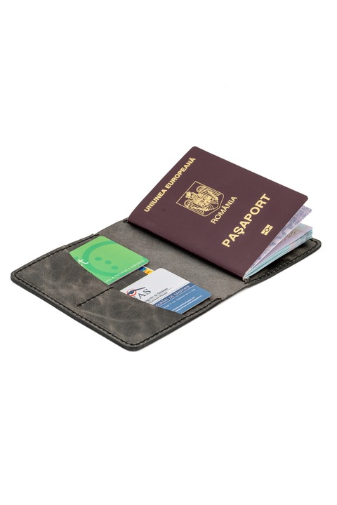 Portofel husa pentru pasaport, din piele naturala, cusut manual, Gri, 14 x 10.5 cm