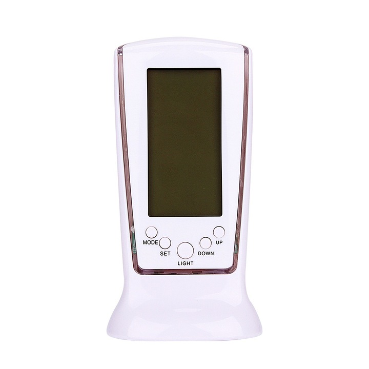 Jormftte dekoratív óra kék LED-del, digitális hőmérővel, ébresztővel és zenével, 10x5x3cm