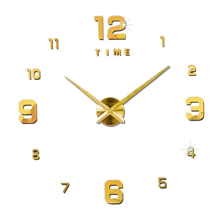 Jormftte dekoratív óra, keret nélküli 3D falióra, csendes mechanizmus, arany színű, nagy méretű