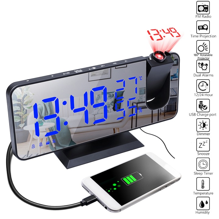 Jormftte dekoratív óra 4 az 1-ben projektorral, piros vetítéssel, hőmérséklet- és páratartalom-monitorral, FM rádióval, telefontöltővel, LED kijelzővel