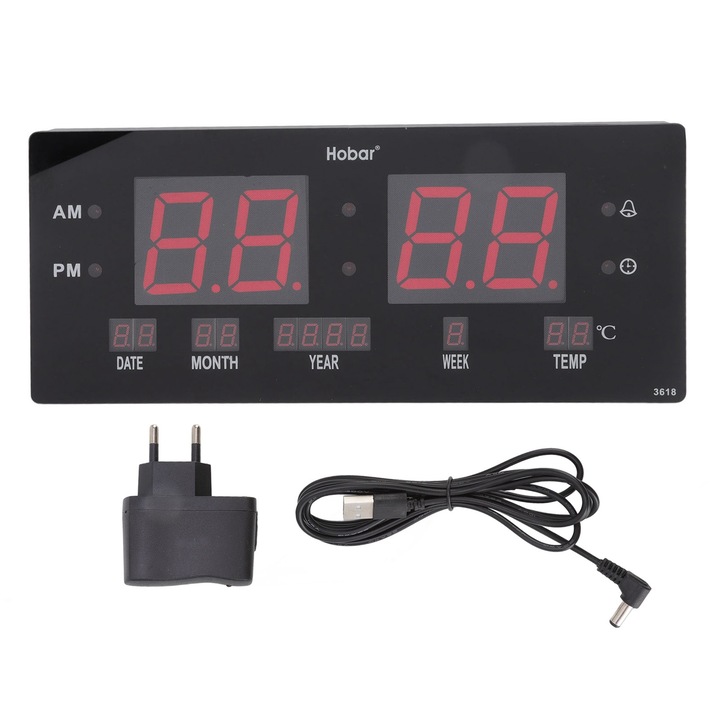 Jormftte digitális falióra, multifunkcionális kialakítás, nagy kijelző, fekete keret, 100-240V