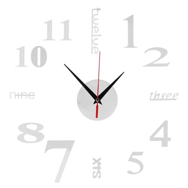 Jormftte digitális dekoratív óra, 3D matrica, ezüst, nappaliba, irodába