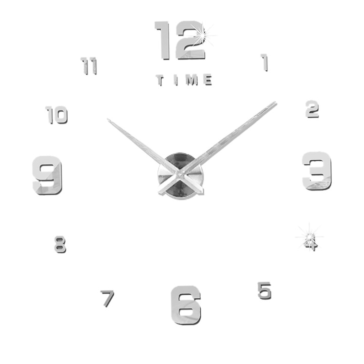 Jormftte dekorációs óra, keret nélküli 3D falióra, ezüst, csendes mechanizmus, nagy méretek