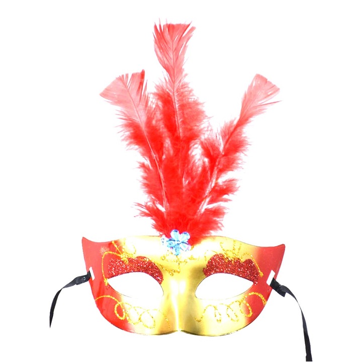 Jormftte LED maszk tollakkal, világító, piros, farsangi, szett