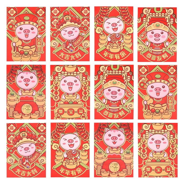 12 db-os piros borítékkészlet szerencsepénzhez, a disznó éve, színes nyomtatás, texturált