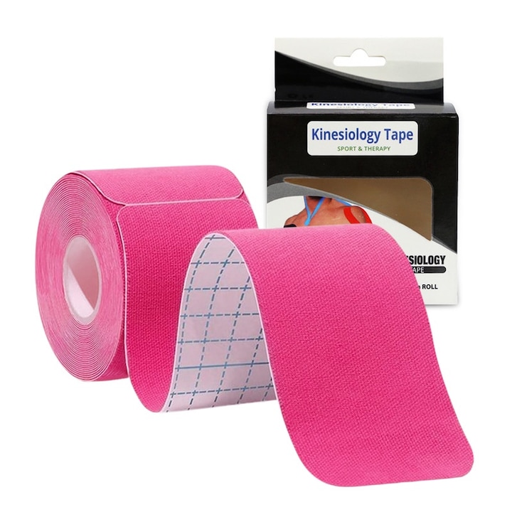 Banda kinesiologica, pre-taiat 25 cm, adeziv Henkel din Germania, hipoalergenica, respirabila, rezistenta la apa, fara latex, 5 cm × 5 m, roz