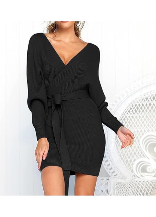 Jormftte kotott ruha, V-nyaku pulover, hosszu ujju, fekete, Fekete