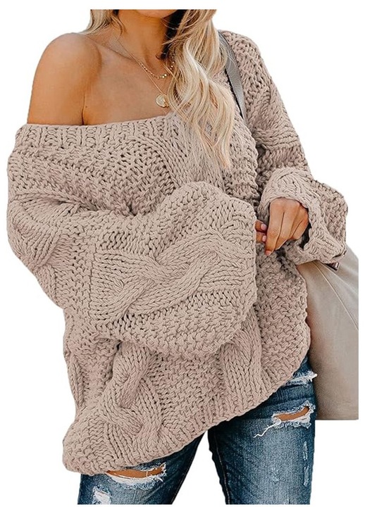 Női pulóver Jormftte, laza szabású, V-nyakú, bézs, kötött