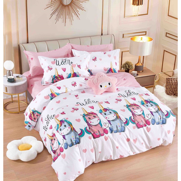 Lenjerie de pat dublu, 2 persoane, Finet, 6 Piese, Cearceaf de pat CU ELASTIC 180 x 200 cm, Cearceaf pilota 200 x 230 cm, 2 fete de perna 70 x 70 cm, 2 fete de perna 50 x 70cm, Multicolori, MHR-686