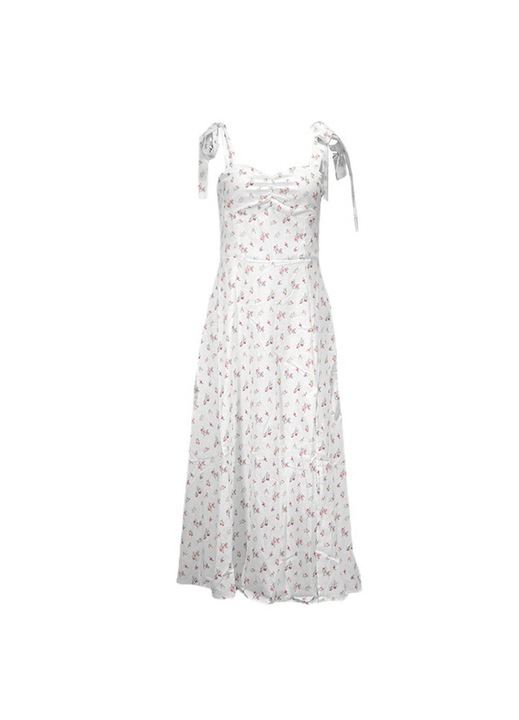 Női spagetti pántos, hát nélküli, aszimmetrikus virágmintás, magas slicces, fűzős strandruha Fehér XL