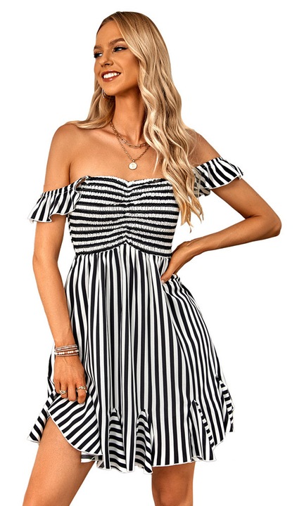 Jormftte nyári ruha, midi, váll nélküli, fodros, csíkos mintás, fekete, könnyű anyag