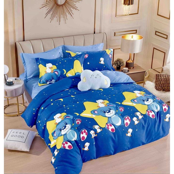 Lenjerie de pat dublu, 2 persoane, Finet, 6 Piese, Cearceaf de pat CU ELASTIC 180 x 200 cm, Cearceaf pilota 200 x 230 cm, 2 fete de perna 70 x 70 cm, 2 fete de perna 50 x 70cm, Multicolori, MHR-724